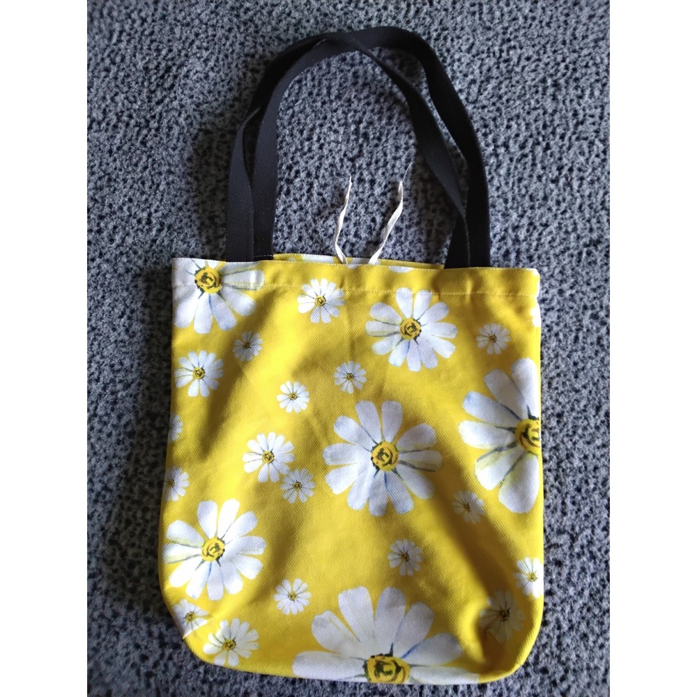 Handmade Yellow Daisy Canvas Tote Bag White Floral Print Reusable Shopper Purse